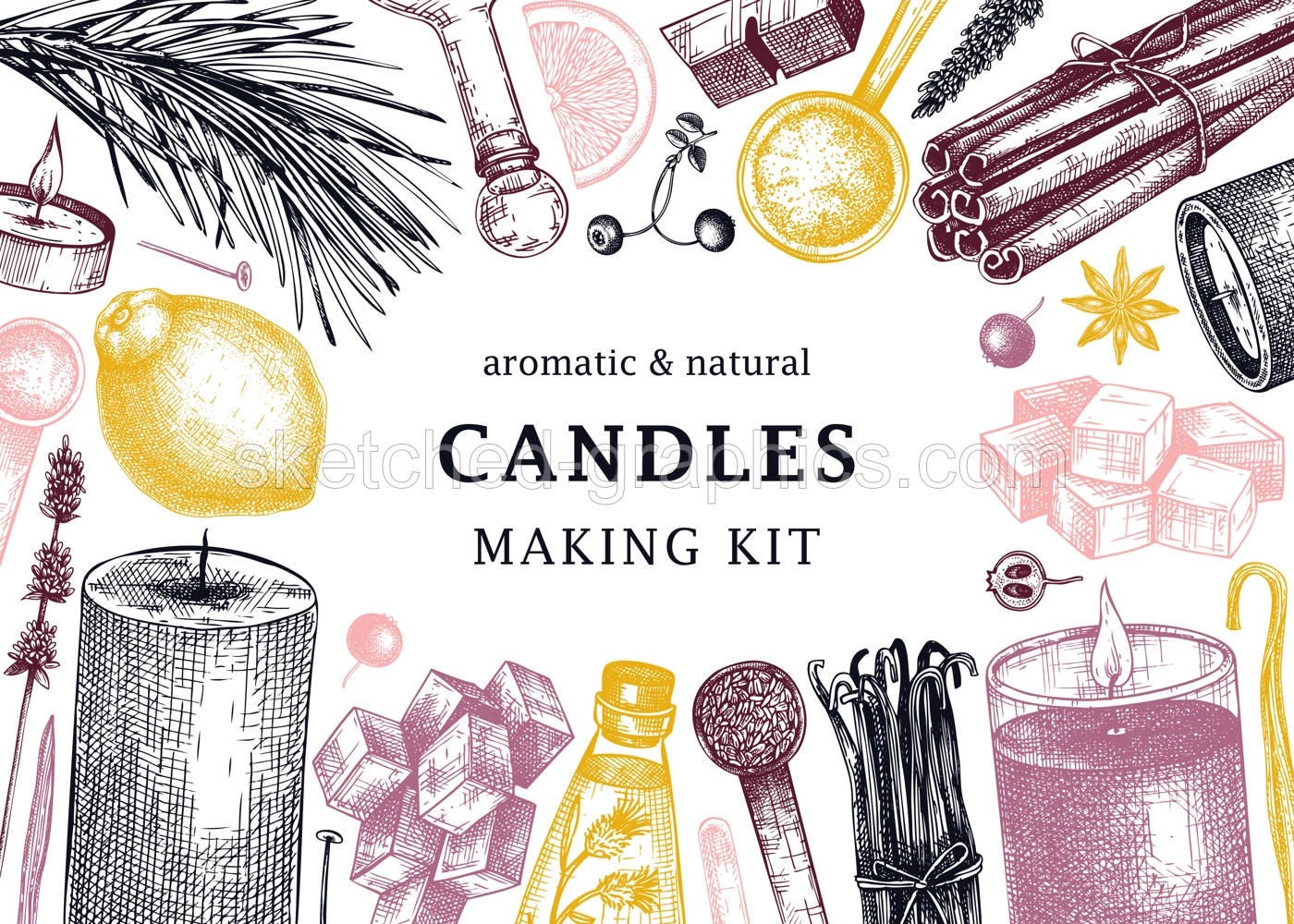 Hand sketched candles ingredients banner. Vintage candles, herbs, wax, fruits, spices, skewers hand drawings background. Perfect for aromatherapy, hobby, handcrafts, candle making. Illustration